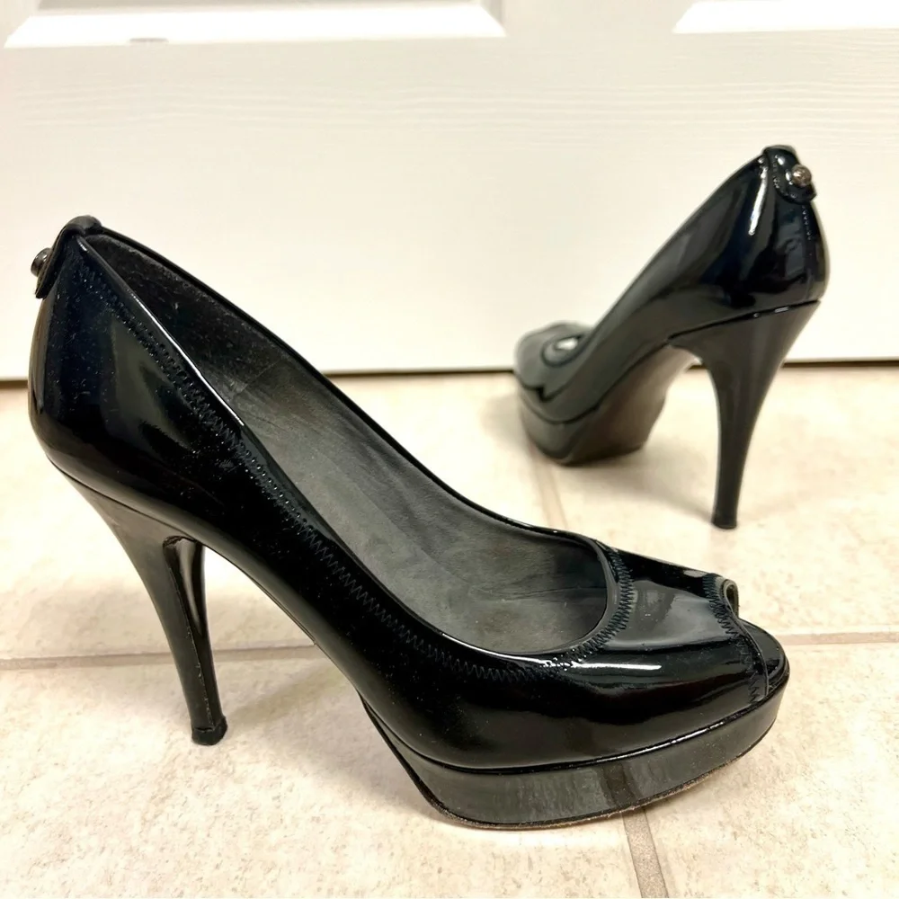 Stuart Weitzman Patent Leather Peep Toe Heels Women's Black Size 7M platform